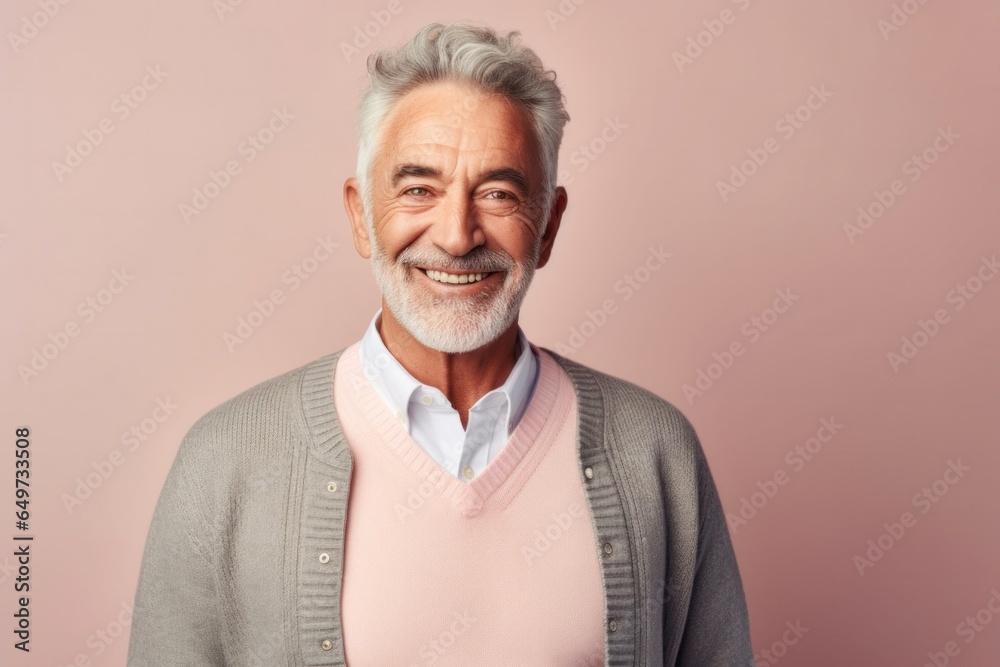 medium shot portrait of a confident Israeli man in his 70s wearing a chic cardigan against a pastel or soft colors background medium shot portrait of a confident Israeli man in his 70s wearing a chic cardigan against a pastel or soft colors background
