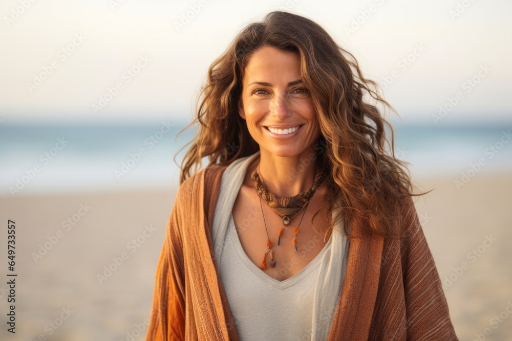 medium shot portrait of a confident Israeli woman in her 40s wearing a chic cardigan against a beach background