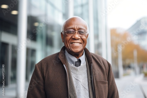 portrait of a Kenyan man in his 80s wearing a chic cardigan against a modern architectural background