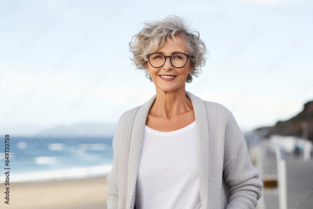 medium shot portrait of a confident Israeli woman in her 50s wearing a chic cardigan against a white background