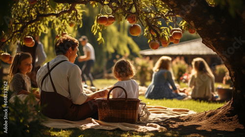 A family enjoying a picnic under the shade of a sprawling apple tree, with a checkered blanket and a basket of goodies