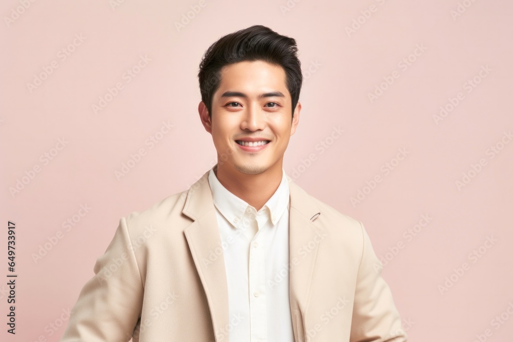 medium shot portrait of a confident Japanese man in his 20s wearing a chic cardigan against a pastel or soft colors background medium shot portrait of a confident Japanese man in his 20s wearing a chic cardigan against a pastel or soft colors background