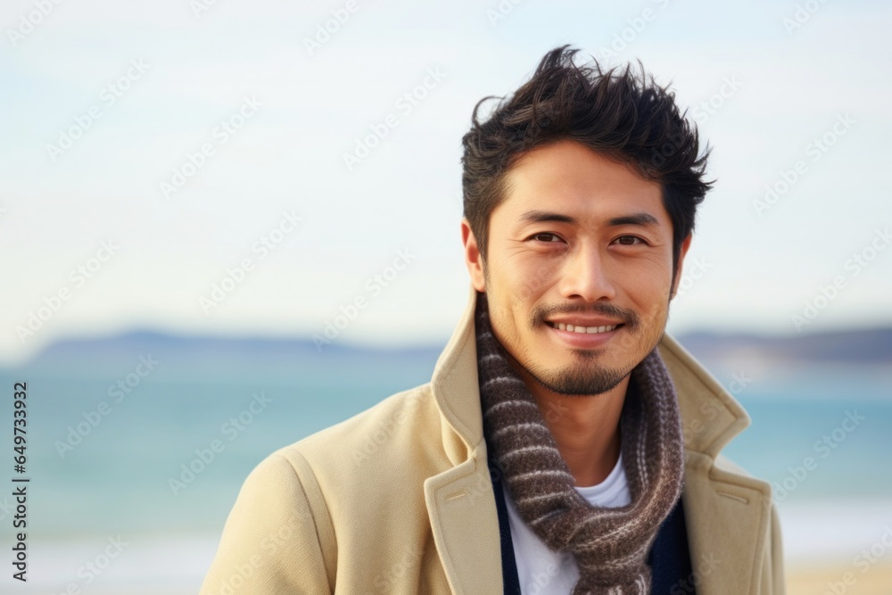 medium shot portrait of a confident Japanese man in his 30s wearing a chic cardigan against a beach background medium shot portrait of a confident Japanese man in his 30s wearing a chic cardigan against a beach background