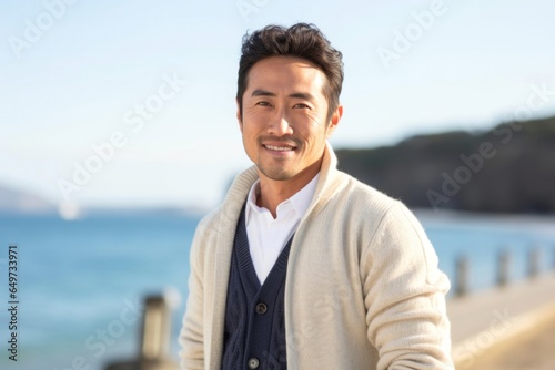 medium shot portrait of a confident Japanese man in his 30s wearing a chic cardigan against a beach background