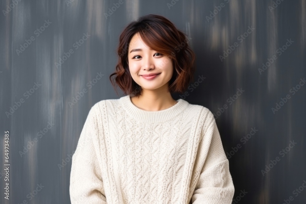 medium shot portrait of a confident Japanese woman in her 30s wearing a cozy sweater against an abstract background medium shot portrait of a confident Japanese woman in her 30s wearing a cozy sweater against an abstract background