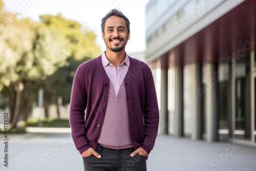 portrait of a Mexican man in his 30s wearing a chic cardigan against a white background