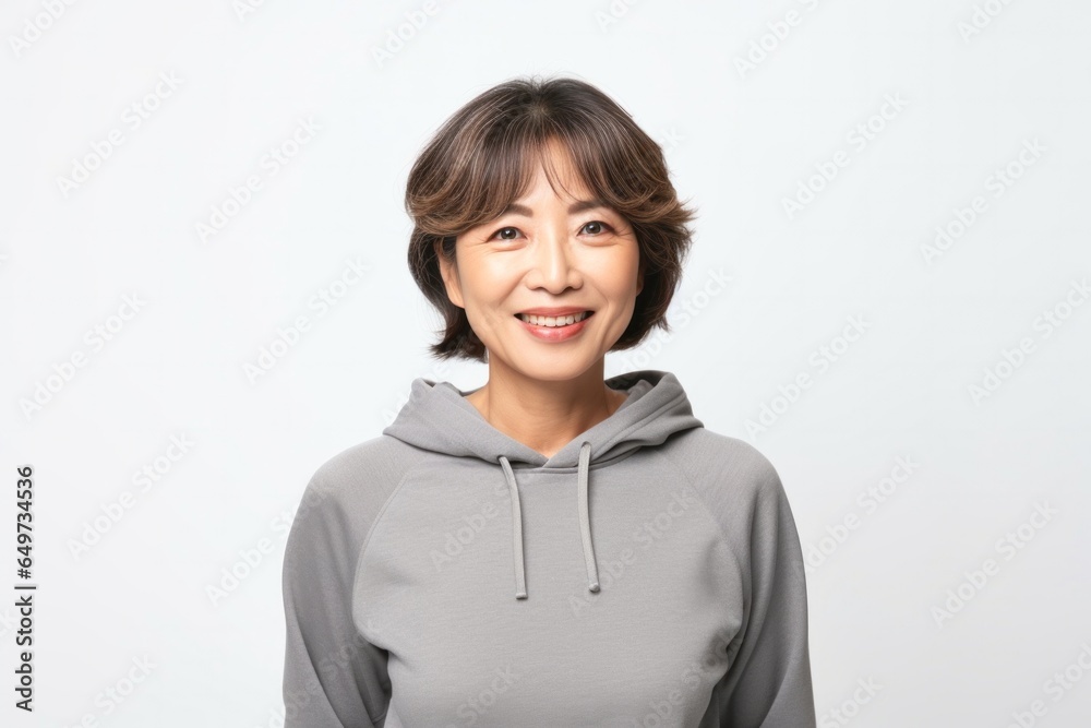 medium shot portrait of a confident Japanese woman in her 40s wearing a sporty polo shirt against a white background medium shot portrait of a confident Japanese woman in her 40s wearing a sporty polo shirt against a white background