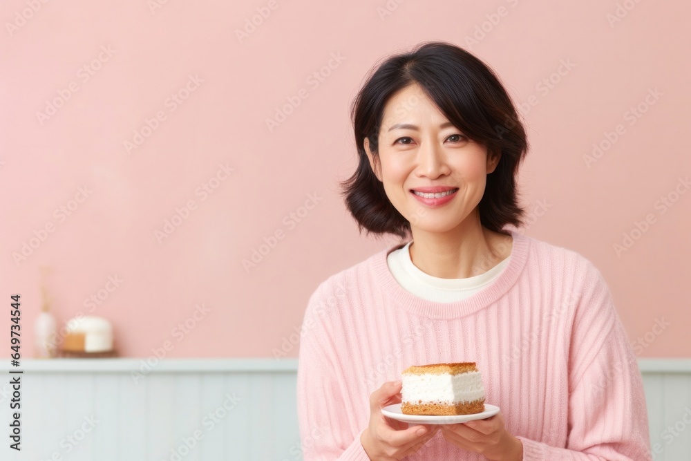 medium shot portrait of a confident Japanese woman in her 40s wearing a cozy sweater against a pastel or soft colors background