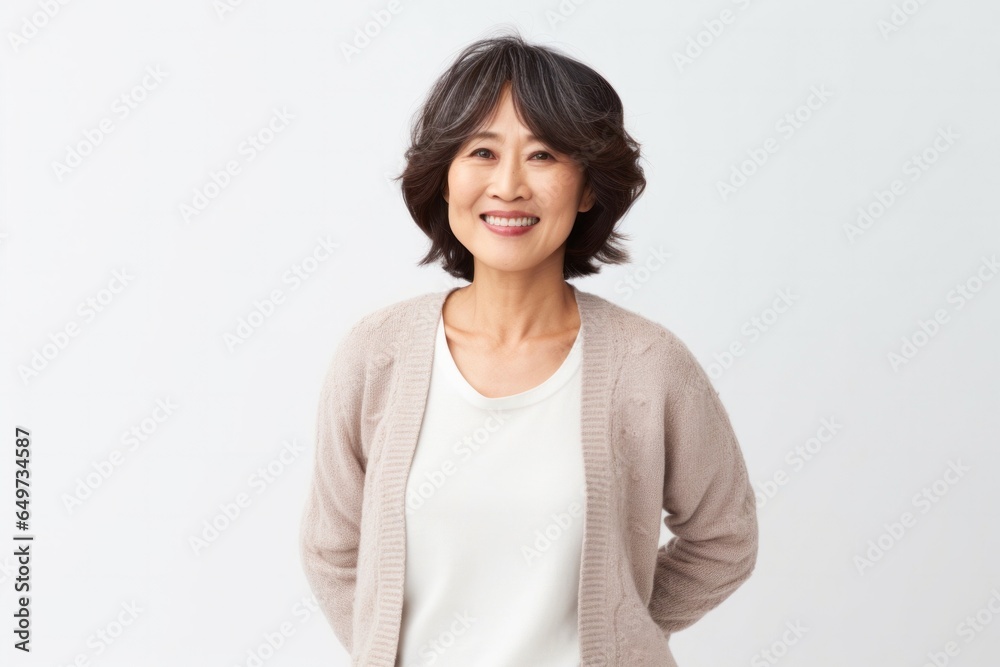 medium shot portrait of a confident Japanese woman in her 50s wearing a chic cardigan against a white background