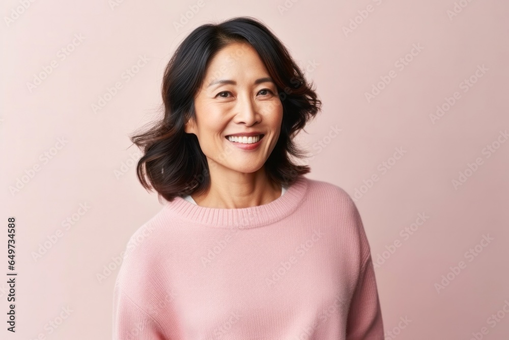 medium shot portrait of a confident Japanese woman in her 40s wearing a cozy sweater against a pastel or soft colors background medium shot portrait of a confident Japanese woman in her 40s wearing a cozy sweater against a pastel or soft colors background