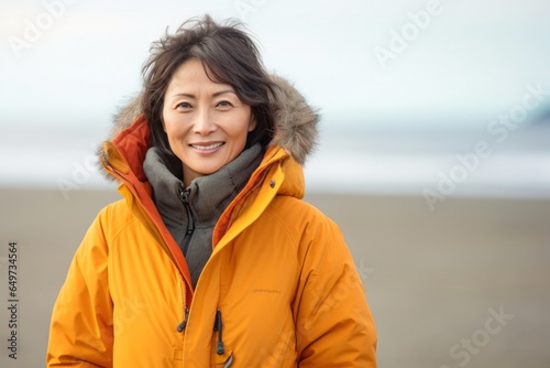 medium shot portrait of a confident Japanese woman in her 40s wearing a warm parka against a beach background © Anne-Marie Albrecht