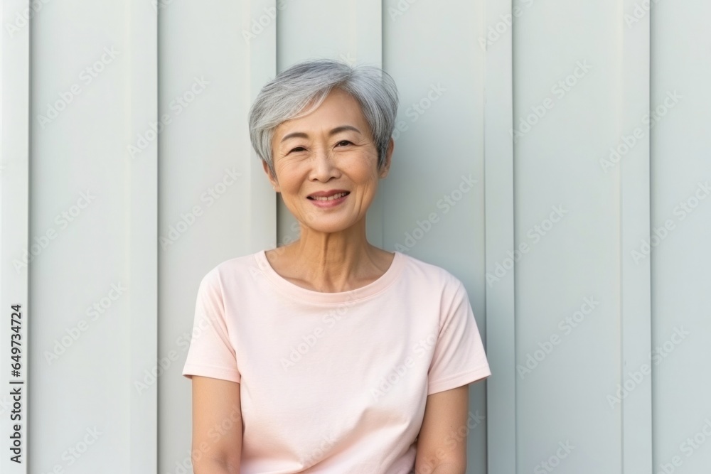 medium shot portrait of a confident Japanese woman in her 60s wearing knee-length shorts against a minimalist or empty room background medium shot portrait of a confident Japanese woman in her 60s wearing knee-length shorts against a minimalist or empty room background