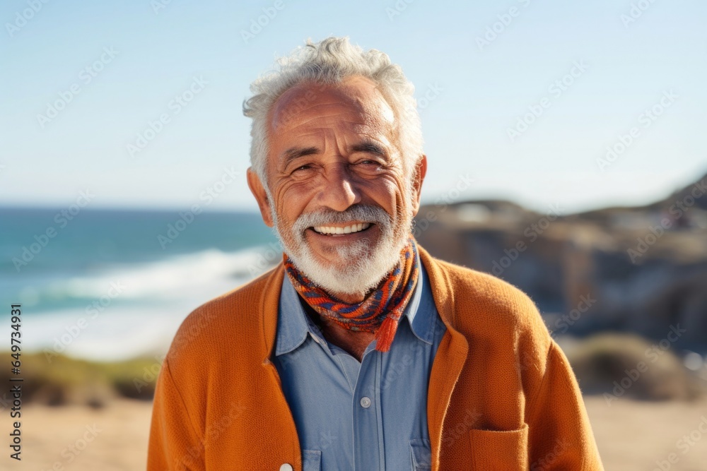 portrait of a Mexican man in his 80s wearing a chic cardigan against a beach background