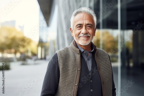 portrait of a Mexican man in his 60s wearing a chic cardigan against a modern architectural background