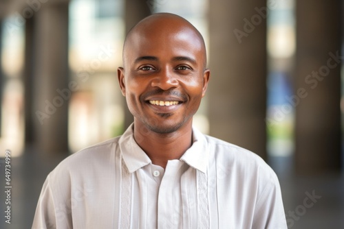 medium shot portrait of a confident Kenyan man in his 40s wearing a simple tunic against a modern architectural background