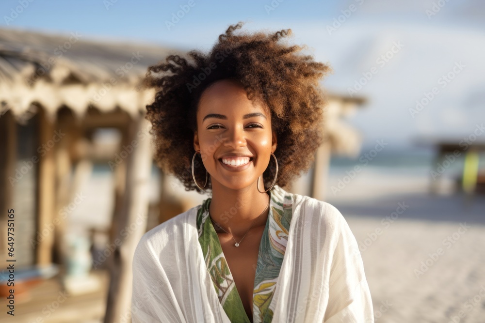 medium shot portrait of a confident Kenyan woman in her 20s wearing a chic cardigan against a beach background