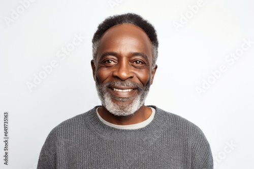 medium shot portrait of a confident Kenyan man in his 50s wearing a chic cardigan against a white background