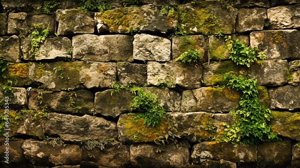 Ancient Stone Wall Textures Overgrown with Moss,