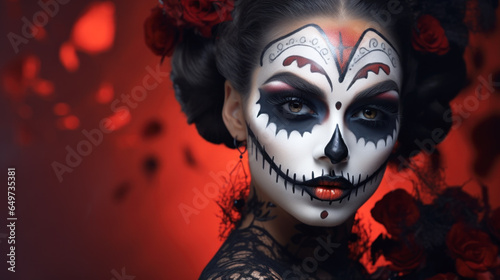 Beautiful Mexican woman with festive make-up, flowers and a skull for the day of the dead. mexican day of the dead 