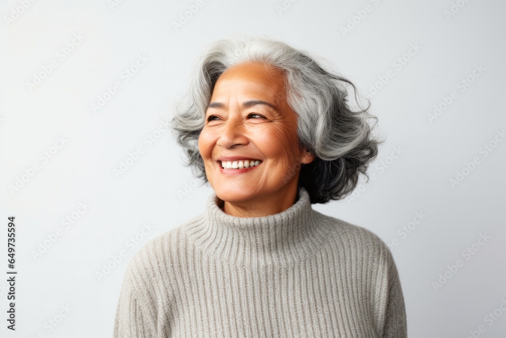 portrait of a Mexican woman in her 60s wearing a cozy sweater against a white background portrait of a Mexican woman in her 60s wearing a cozy sweater against a white background