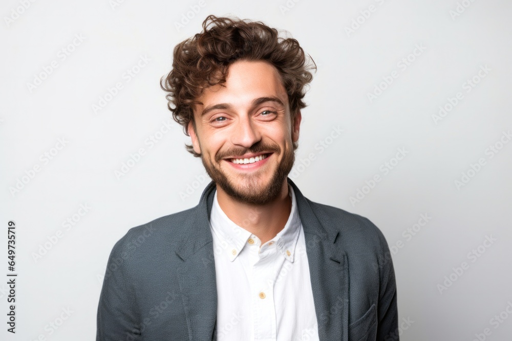 portrait of a Polish man in his 20s wearing a chic cardigan against a white background portrait of a Polish man in his 20s wearing a chic cardigan against a white background