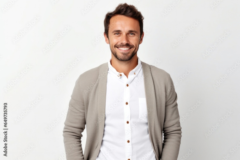 portrait of a Polish man in his 30s wearing a chic cardigan against a white background portrait of a Polish man in his 30s wearing a chic cardigan against a white background