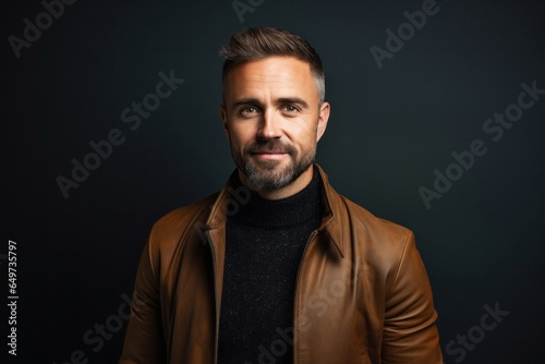portrait of a Polish man in his 30s wearing a chic cardigan against an abstract background