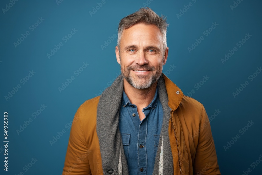 portrait of a Polish man in his 40s wearing a chic cardigan against an abstract background portrait of a Polish man in his 40s wearing a chic cardigan against an abstract background
