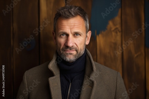 portrait of a Polish man in his 40s wearing a chic cardigan against an abstract background