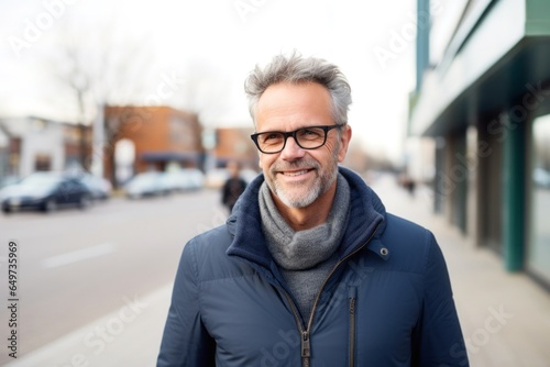 portrait of a Polish man in his 50s wearing a chic cardigan against a white background