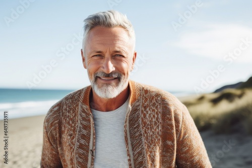 portrait of a Polish man in his 50s wearing a chic cardigan against a beach background