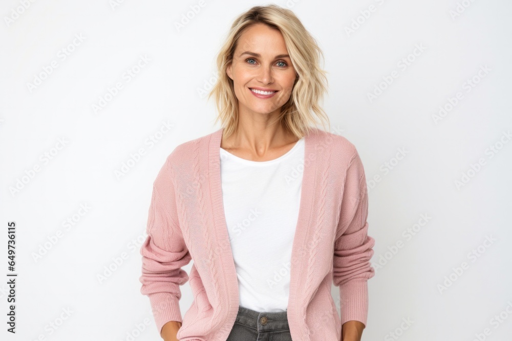portrait of a Polish woman in her 30s wearing a chic cardigan against a white background