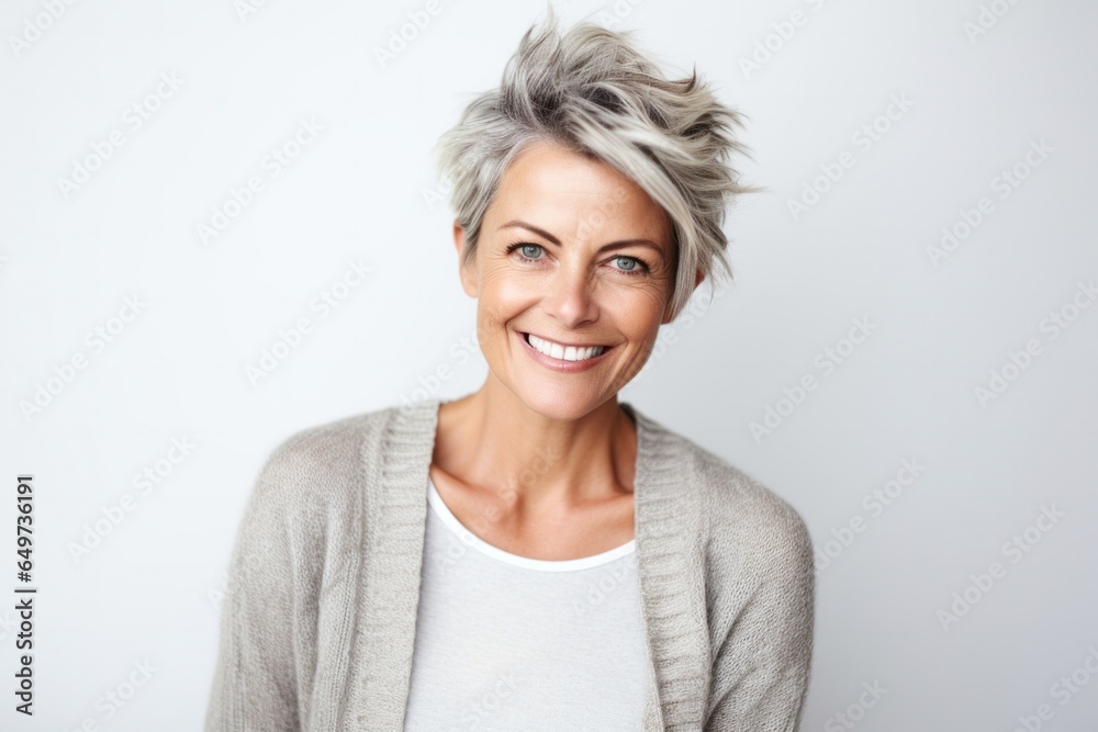 portrait of a Polish woman in her 40s wearing a chic cardigan against a white background portrait of a Polish woman in her 40s wearing a chic cardigan against a white background