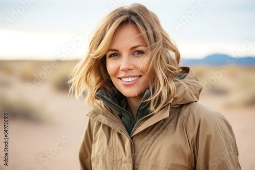 portrait of a Polish woman in her 30s wearing a warm parka against a beach background