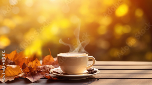 Coffee cup nestled among autumn leaves on a wooden table, with a softly blurred fall autumn background. 
