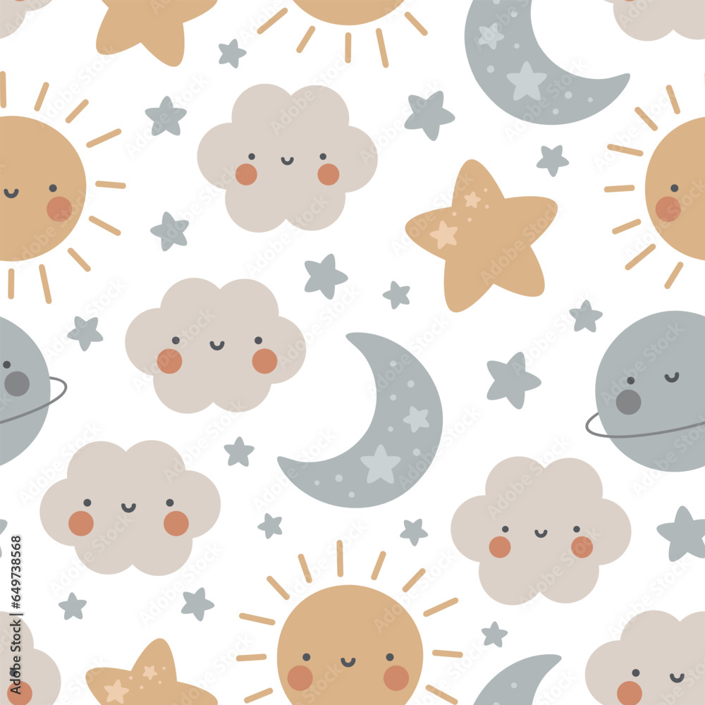Naklejka premium Moon, Sun, Cloud and Stars Cute Seamless Pattern, Cartoon Vector Illustration, Cute Kawaii Cartoon Drawn Background, Isolated Background