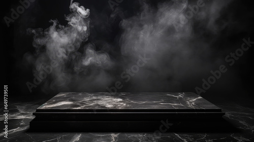Dark room with smoke featuring an empty black marble table podium and black stone floor
 photo
