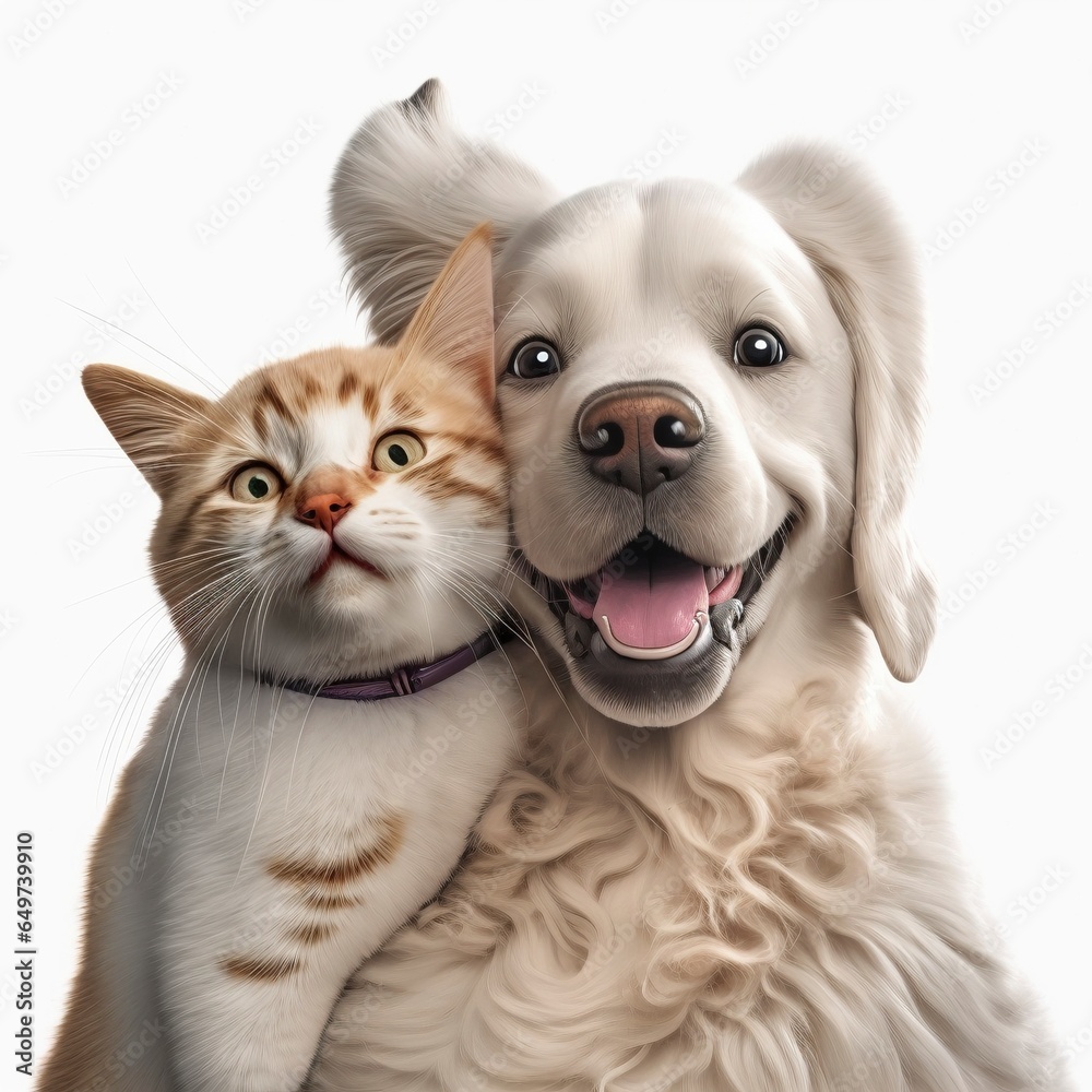 Sweet, cute and smiling cat and dog. Generative AI.