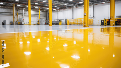 Worker, coating floor with self-leveling epoxy resin in industrial workshop.