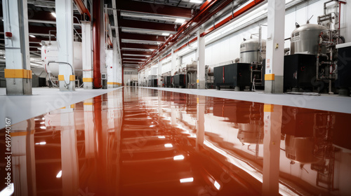 Worker, coating floor with self-leveling epoxy resin in industrial workshop.
