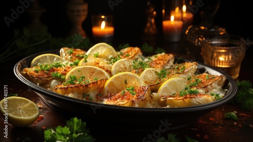 A plate of food with lemons and parsley. Imaginary food photo.