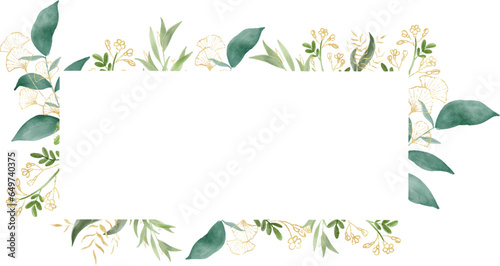 Gold banner,luxury background. Hand Drawn Illustration brush stroke paint
 ornament decorate.Watercolor leaves,green foliage. Wedding invitation border