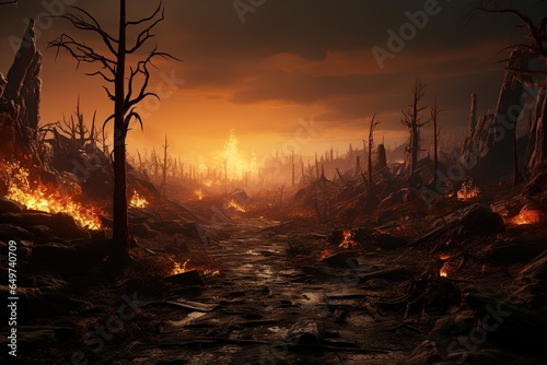 Wildfire Destruction: Scorched landscapes and charred trees in the aftermath of a wildfire.Generated with AI