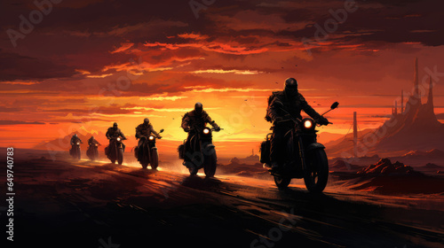 Group of motorcyclists riding into the sunset on a dusty road.
