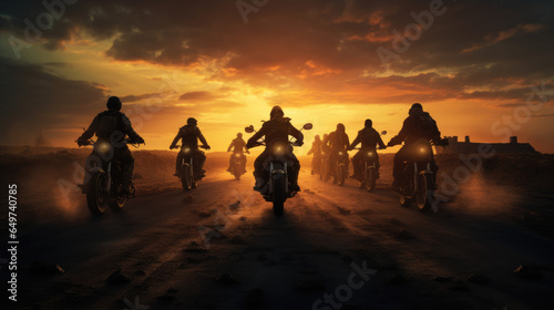 Group of motorcyclists riding into the sunset on a dusty road.