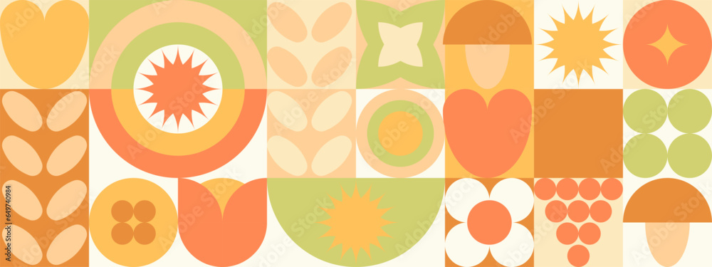 Autumn geometric background, yellow and orange ornament with leaves and mushrooms. Mosaic seamless pattern in earthy tones. Autumn geometric background, yellow and orange ornament with leaves and mushrooms. Mosaic seamless pattern in earthy tones.