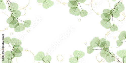 Gold banner luxury background. Hand Drawn Illustration brush stroke paint  ornament decorate.Watercolor leaves green foliage. Wedding invitation border