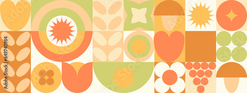 Autumn geometric background, yellow and orange ornament with leaves and mushrooms. Mosaic seamless pattern in earthy tones.