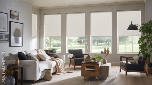 Interior roller blinds are used to cover the windows, and there are automatic solar shades in a bigger size for the windows. 