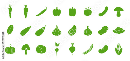 Green Vegetables Icon Set of Parsey Root, Carrot, Chilli, Paprika, Pepper, Tomato, Cucumber, Mushroom, Spinach, Zucchini, Eggplant, Garlic, Onion, Potato, Tomato, Avocado, Cauliflower, Pumpkin, Brocco